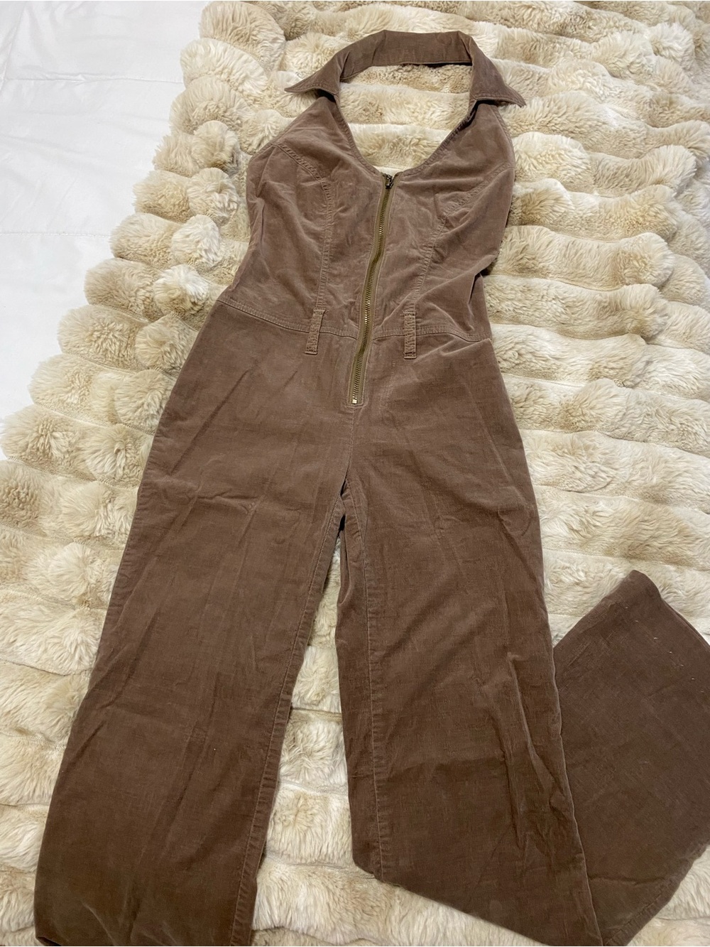 Bisou Bisou Brown Corduroy Halter Jumpsuit with Front Zip